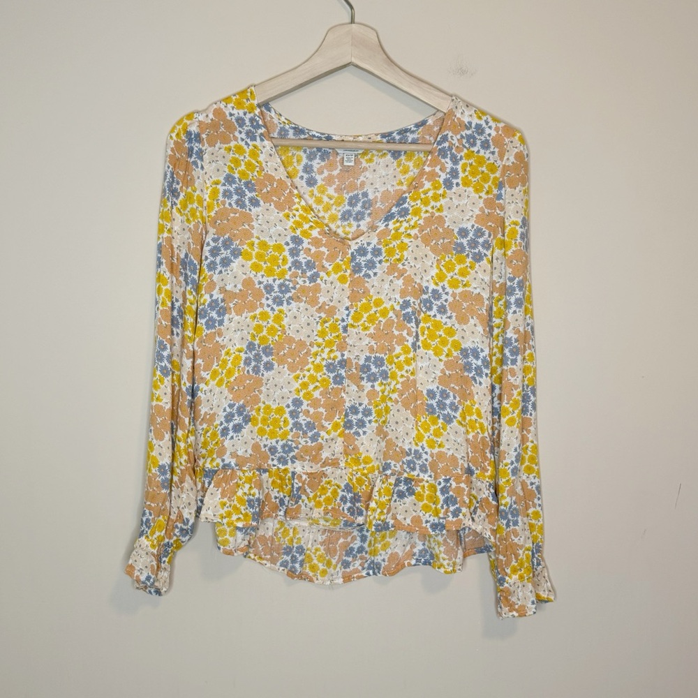 Lucky Brand Yellow Floral Long Sleeve Blouse Ruffle Hem V-Neck Top Size XS